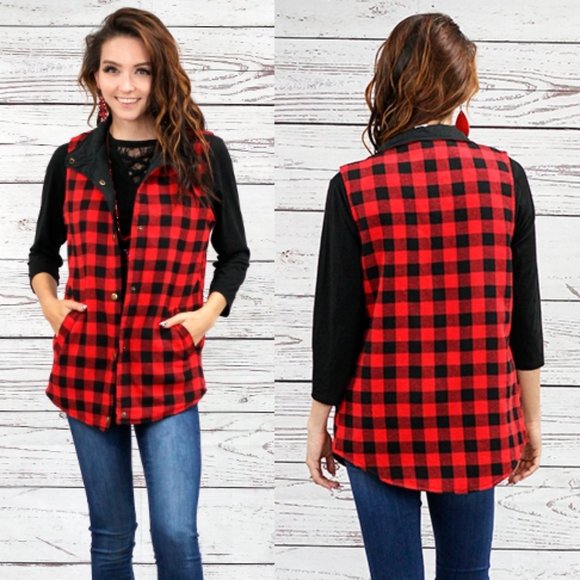 Buffalo Plaid Reversible Jacket Vest with Pockets - 3XL - Picture 2 of 4
